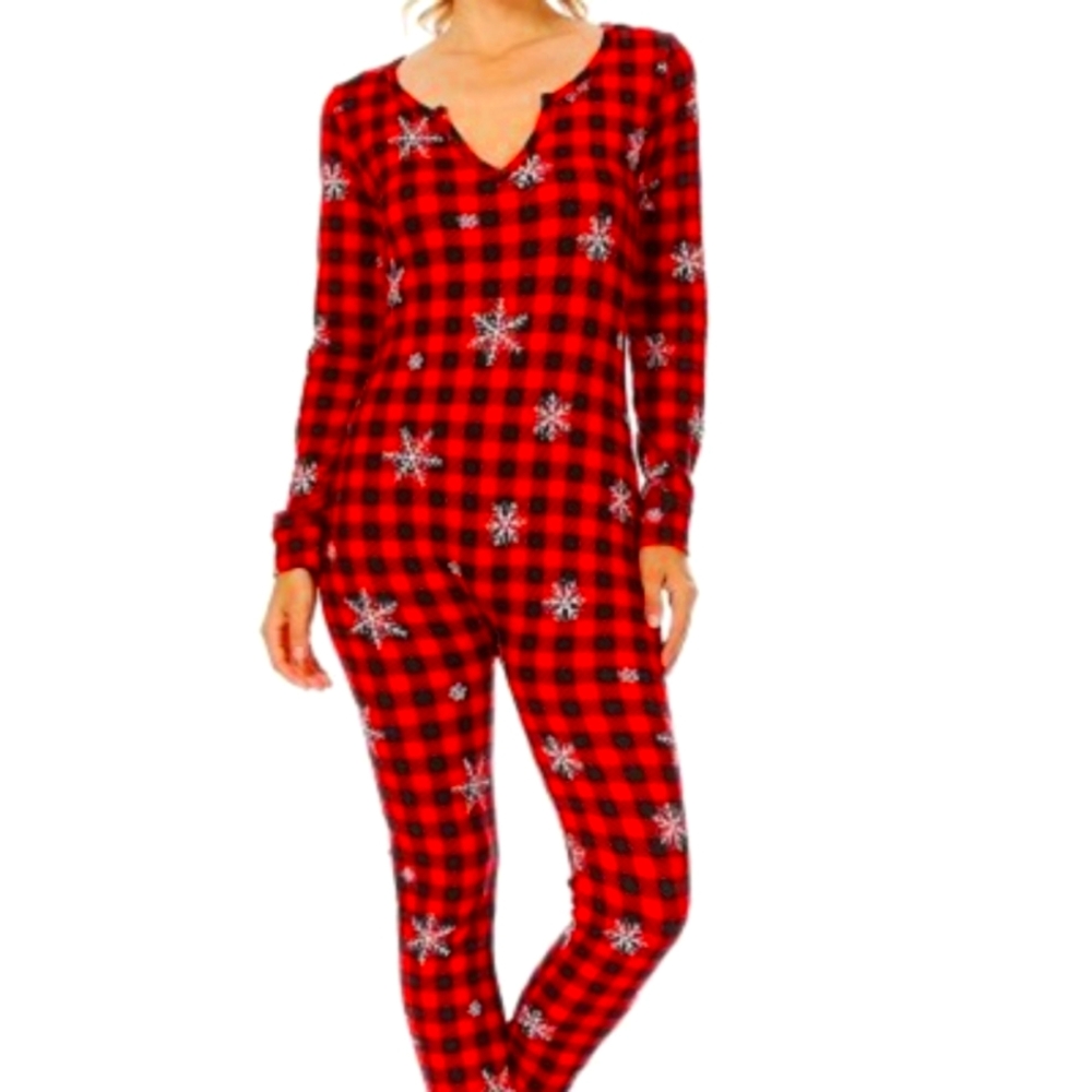 Holiday Fleece Lined Button Up Onesie Jumpsuit Pajamas With Matching Head Band